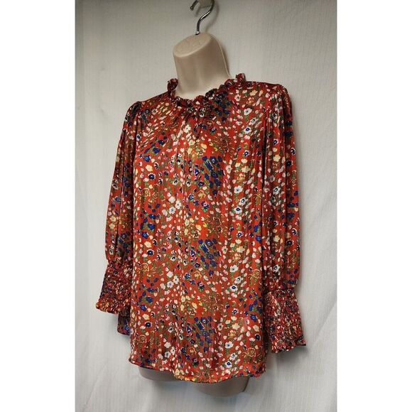 Rachel Zoe Red Floral High Neck Smock Sleeve Blouse Multicolor Red Size Medium - Picture 4 of 12
